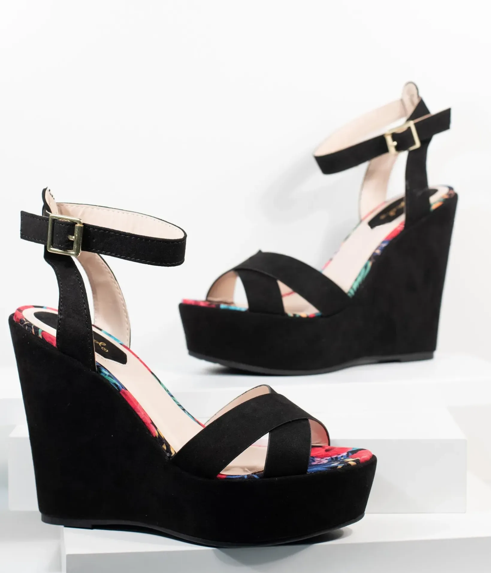 Unique Vintage Heels|Wedges>1970s Black Suede Platform Sandal Wedge