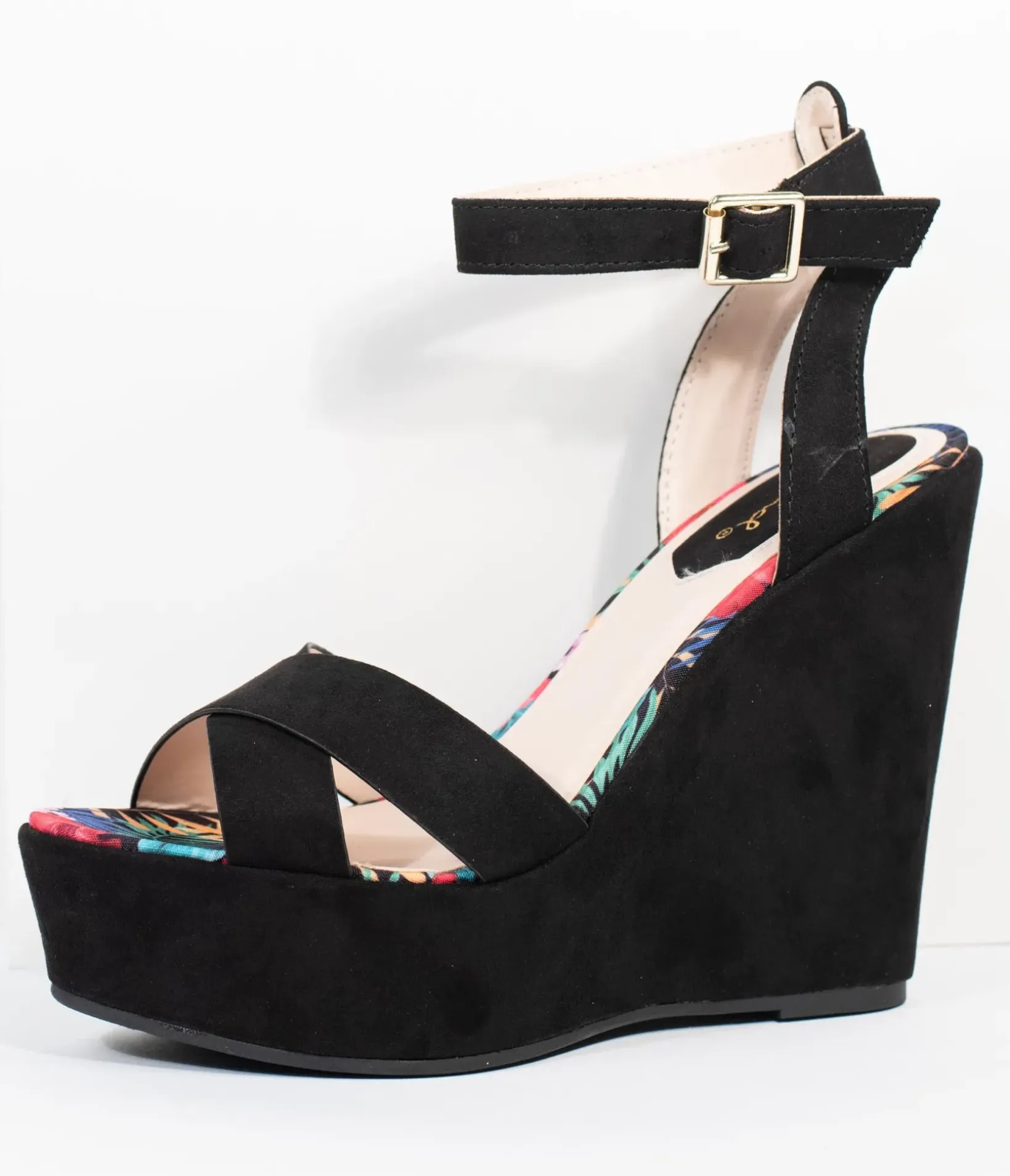 Unique Vintage Heels|Wedges>1970s Black Suede Platform Sandal Wedge