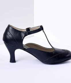 Unique Vintage Special Occasion|Heels>1920s Black T-Strap Mary Jane Heels