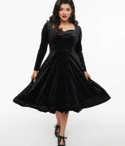 Unique Vintage Fit & Flare|Pocket Dresses>1950s Black Velvet Bat Print Fit & Flare Dress