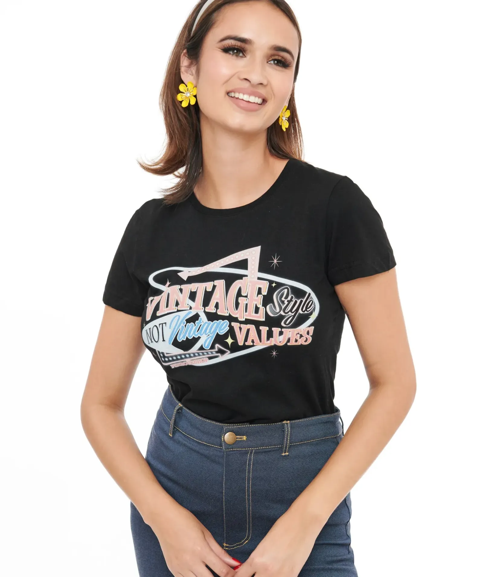 Unique Vintage Graphic Tees|Graphic Tees>1950s Black Vintage Style Not Vintage Values Fitted Graphic Tee