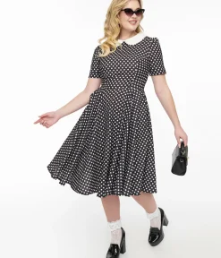 Unique Vintage Swing|Pocket Dresses>1950s Black & White Polka Dot Brielle Swing Dress