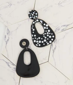 Unique Vintage Disney Bounding|Work Wear>1980s Black & White Polka Dot Drop Earrings