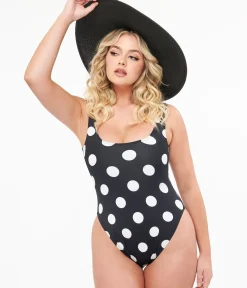Unique Vintage One Piece Swim>1960s Black & White Polka Dot One Piece Swimsuit