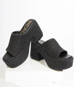 Unique Vintage Heels|Sandals>1970s Black Woven Jute Platform Mule Sandals