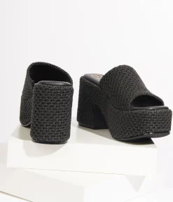 Unique Vintage Heels|Sandals>1970s Black Woven Jute Platform Mule Sandals