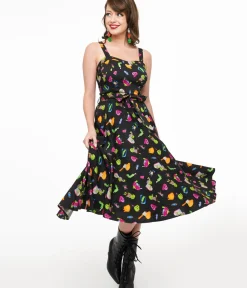 Unique Vintage Swing|Pocket Dresses>1950s Black Zombie Print Lori Swing Dress