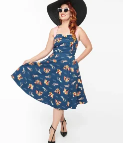 Unique Vintage Swing|Pocket Dresses>1950s Blue Cotton Portofino Living Print Swing Dress