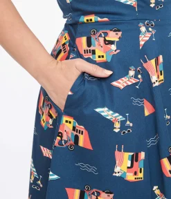 Unique Vintage Swing|Pocket Dresses>1950s Blue Cotton Portofino Living Print Swing Dress