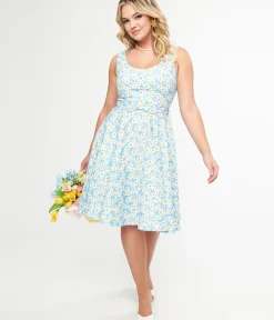 Unique Vintage Swing|Pocket Dresses>1950s Blue & Daisy Print Cotton Selda Swing Dress