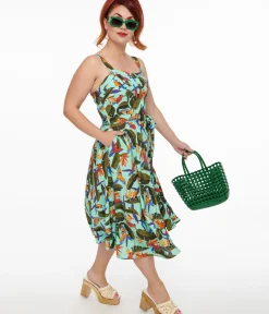 Unique Vintage Swing|Pocket Dresses>1950s Blue & Green Tropical Parrot Print Lori Swing Dress