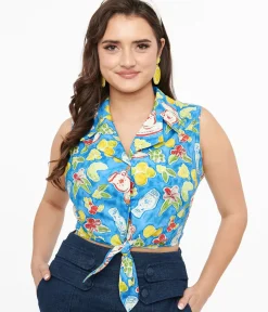 Unique Vintage Blouses|Summer Vacation>1950s Blue Lemon In My Tea Print Crop Top