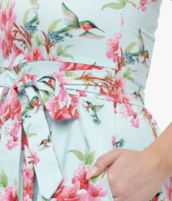 Unique Vintage Fit & Flare|Pocket Dresses>1950s Blue & Pink Floral Hummingbird Print Cotton Tea Fit & Flare Dress