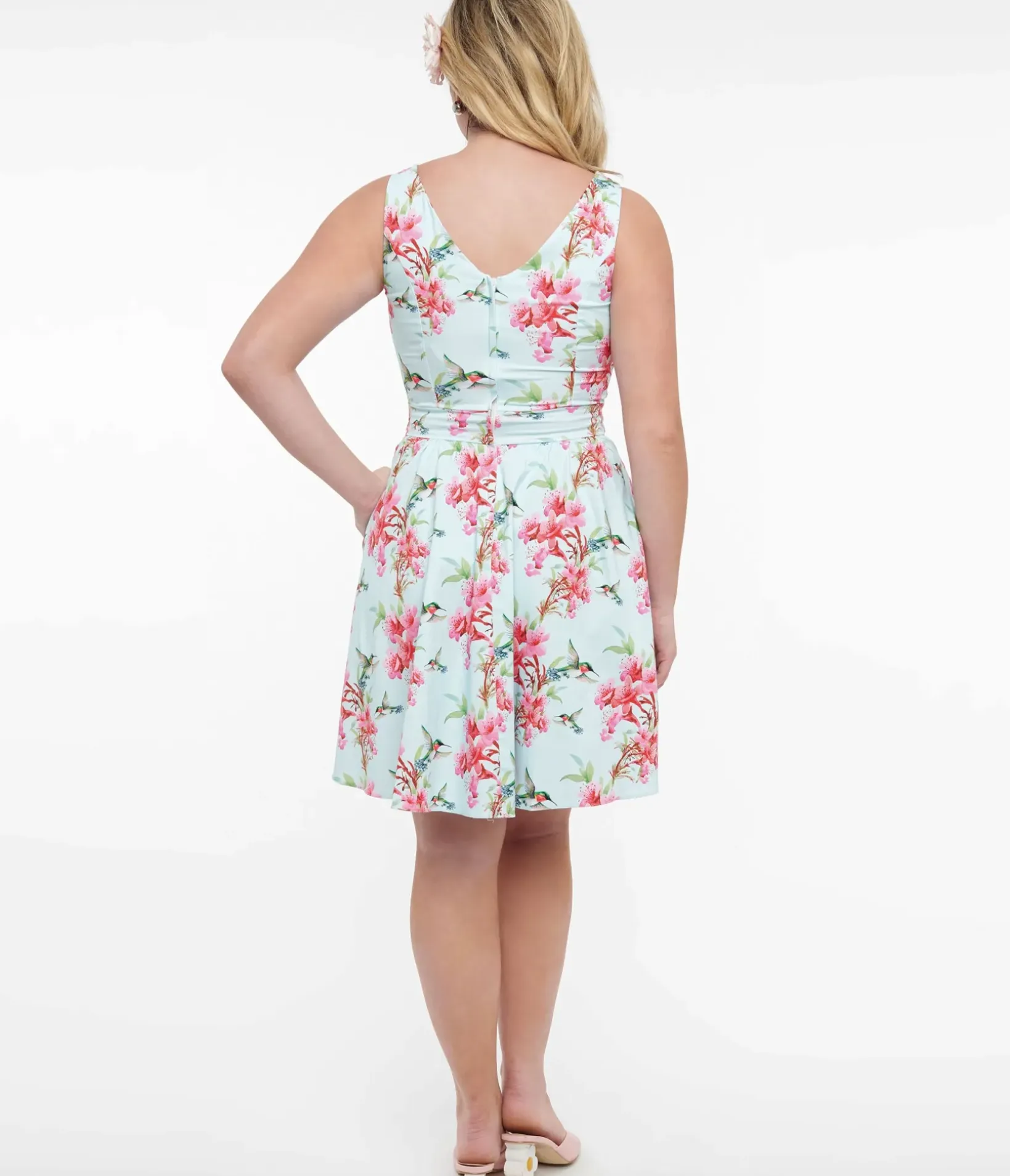Unique Vintage Fit & Flare|Pocket Dresses>1950s Blue & Pink Floral Hummingbird Print Cotton Tea Fit & Flare Dress