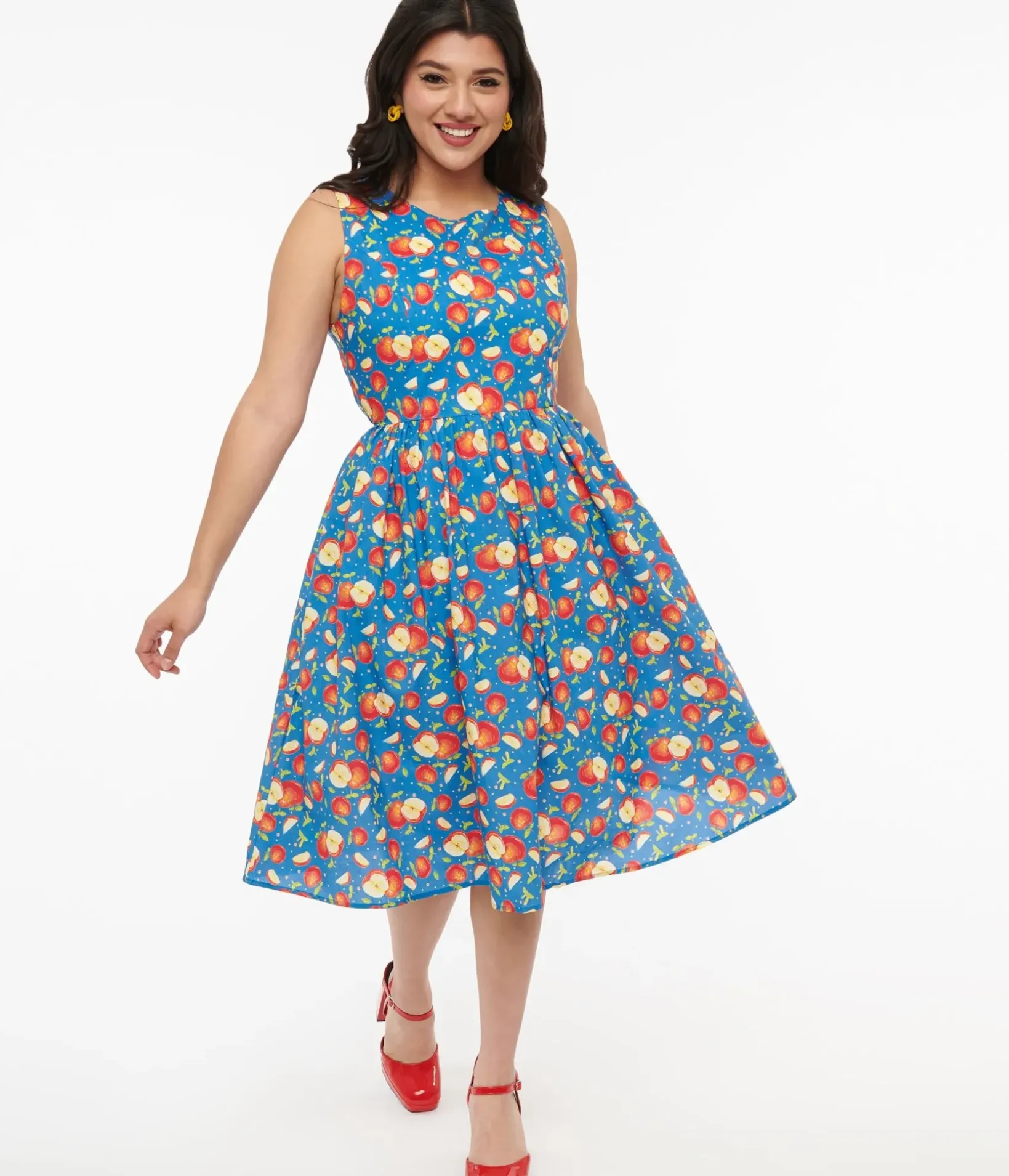 Unique Vintage Swing|Pocket Dresses>1950s Blue & Red Apple Print Cotton Swing Dress