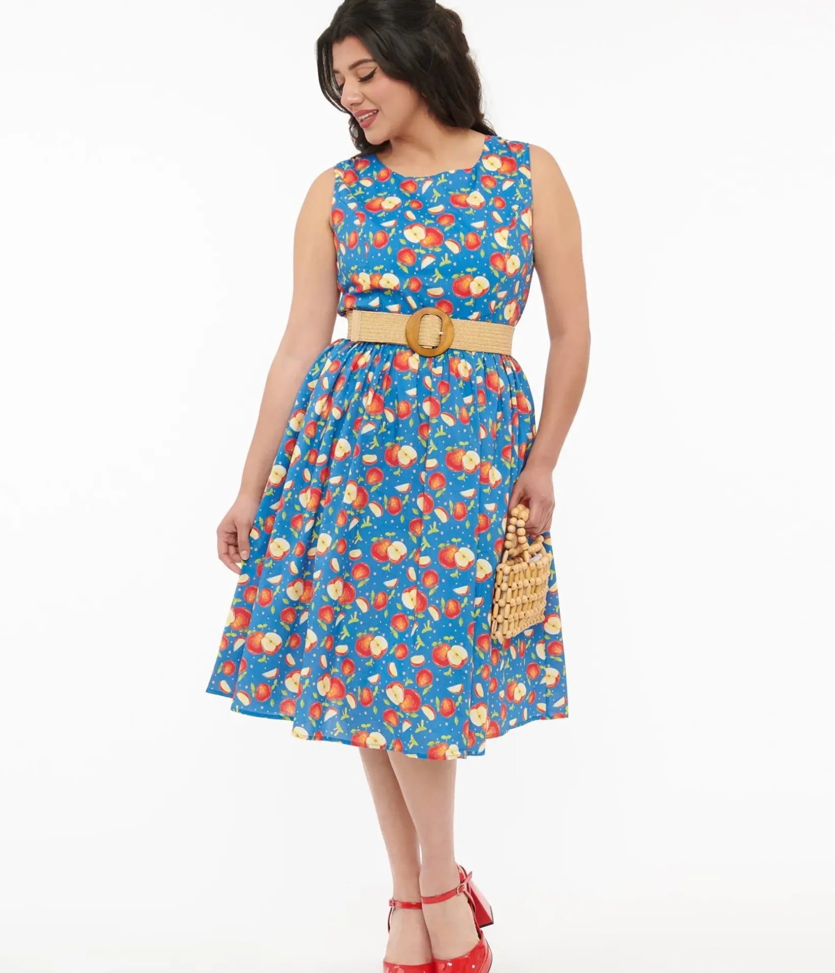 Unique Vintage Swing|Pocket Dresses>1950s Blue & Red Apple Print Cotton Swing Dress
