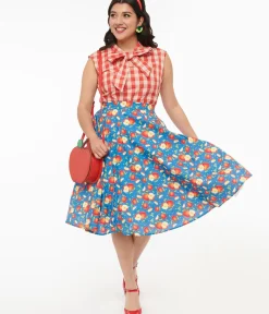 Unique Vintage Skirts|All Things Red>1950s Blue & Red Apple Print Swing Skirt