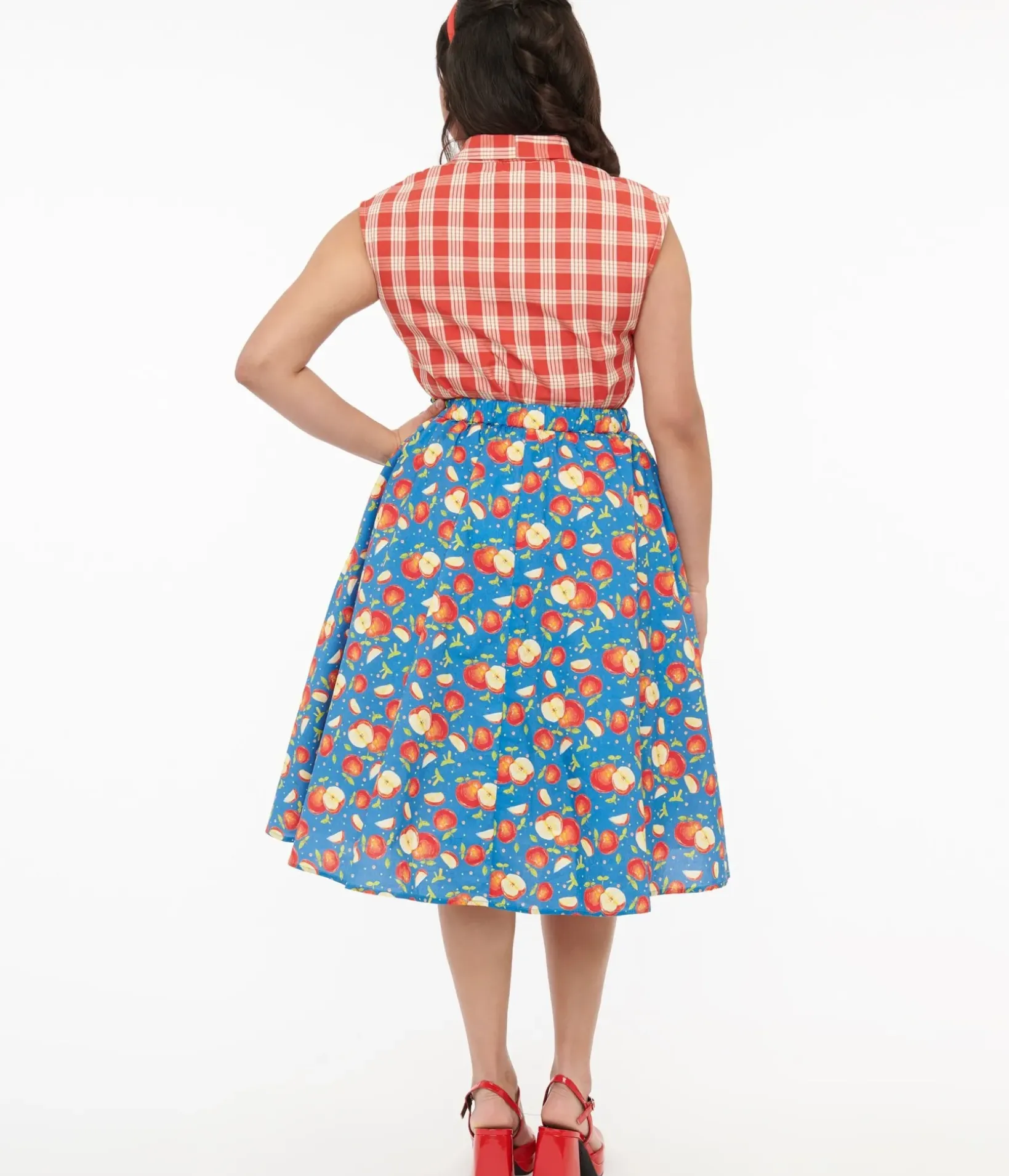 Unique Vintage Skirts|All Things Red>1950s Blue & Red Apple Print Swing Skirt