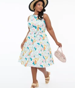 Unique Vintage Swing|Pocket Dresses>1950s Blue Tropical Holiday Cotton Hepburn Swing Dress