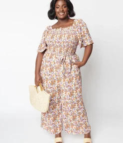 Unique Vintage Rompers & Jumpsuits>1970s Brown Daisy Floral Jumpsuit