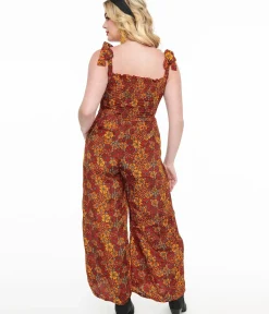 Unique Vintage Rompers & Jumpsuits>1970s Brown & Orange Flower Child Silk Jumpsuit