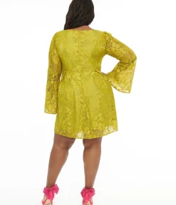 Unique Vintage Babydoll|Babydoll>1960s Chartreuse Lace & Hot Pink Bow Priscilla Mini Dress