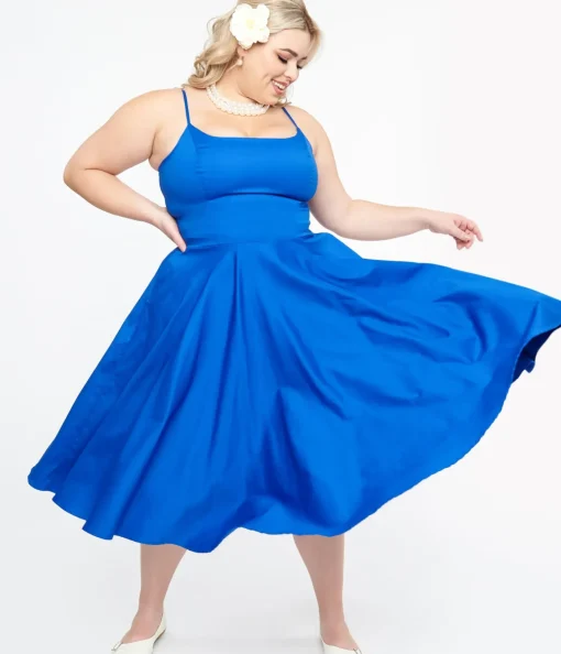 Unique Vintage Swing|Pocket Dresses>1950s Cobalt Blue Cotton Swing Dress