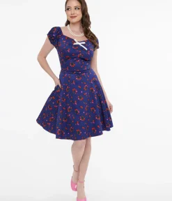Unique Vintage Fit & Flare|Pocket Dresses>1950s Collectif Blue & Mixed Berries Print Dolores Mini Dress