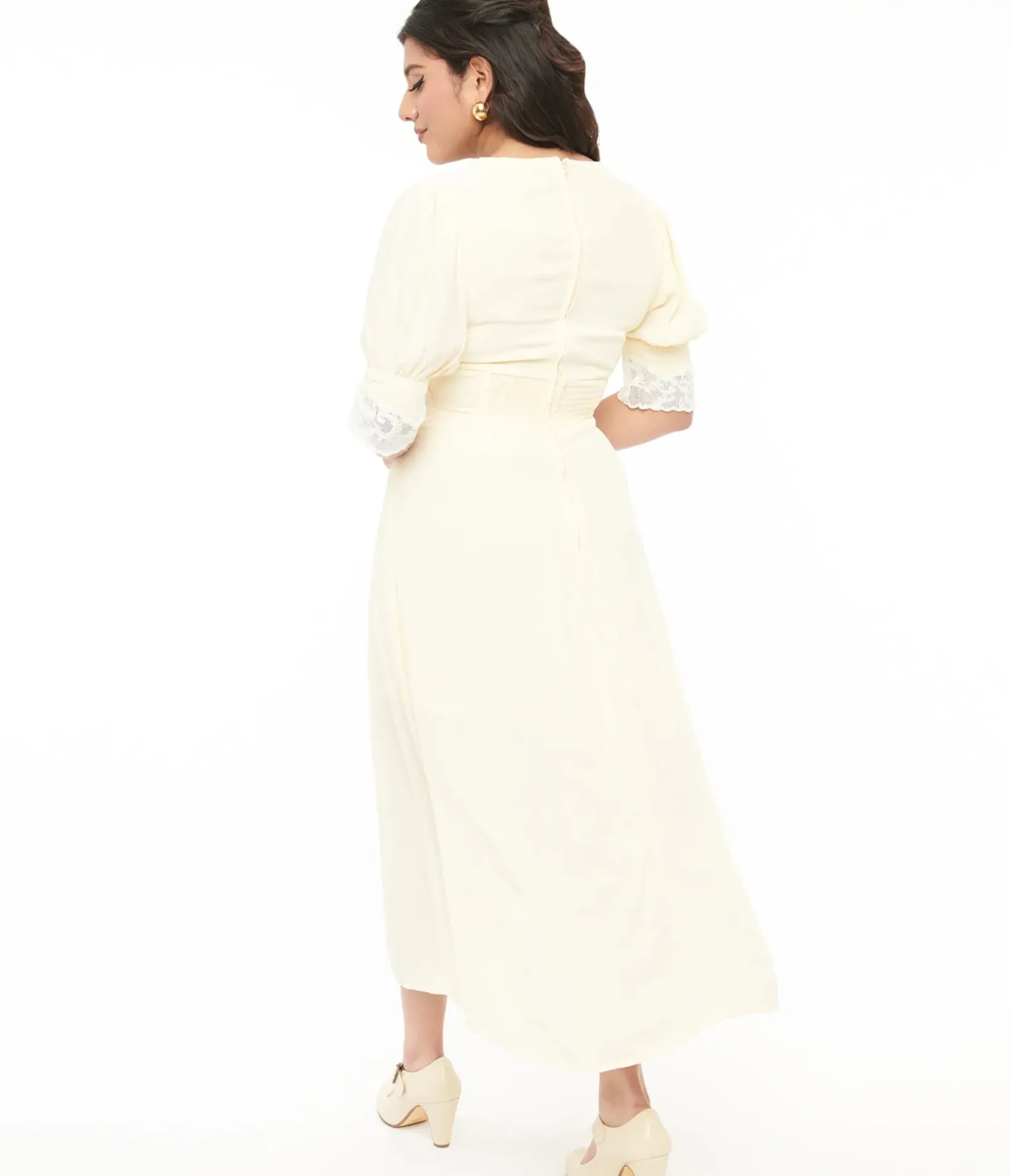 Unique Vintage Midi|Everyday Dresses>1930s Cream & White Lace Midi Dress