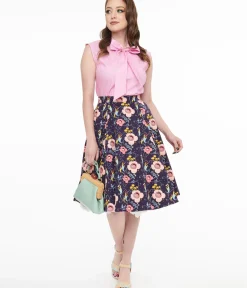 Unique Vintage Skirts|Halloween>1950s Dark Blue Carnivorous Plants Print Flare Skirt