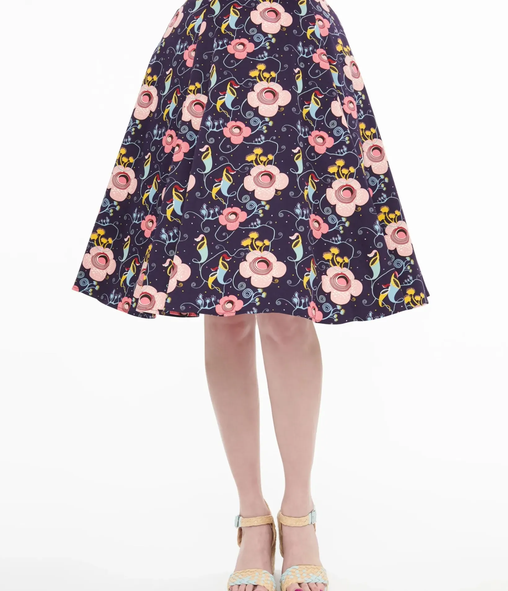 Unique Vintage Skirts|Halloween>1950s Dark Blue Carnivorous Plants Print Flare Skirt