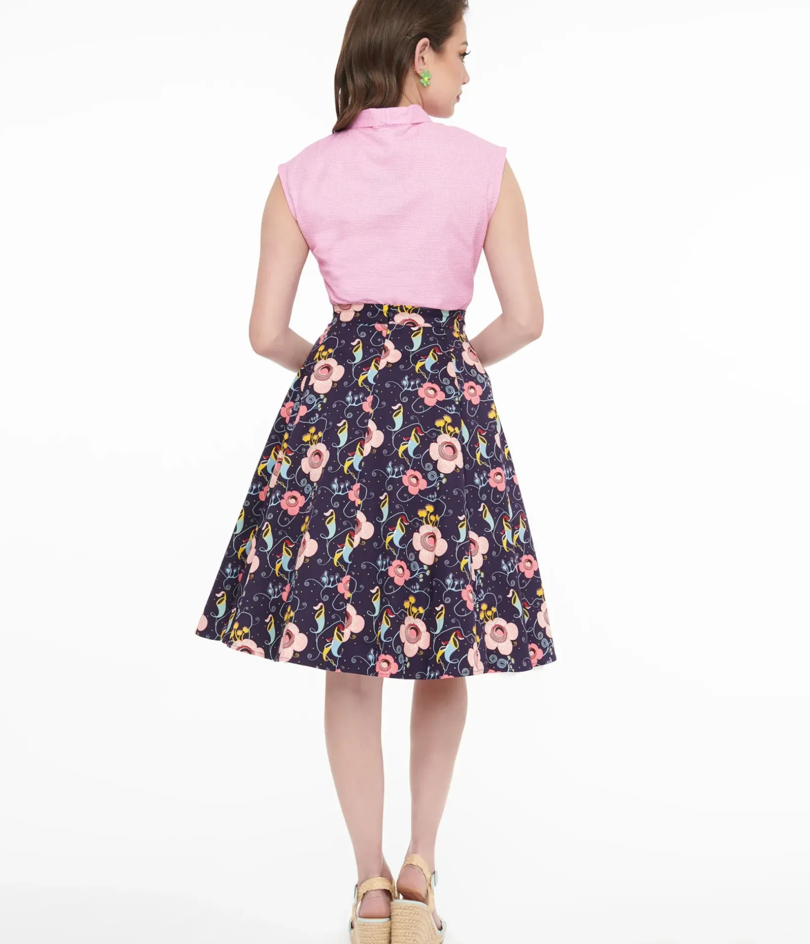 Unique Vintage Skirts|Halloween>1950s Dark Blue Carnivorous Plants Print Flare Skirt