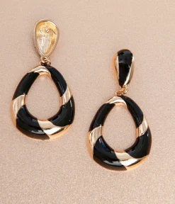 Unique Vintage Special Occasion|Flapper Accessories>1920s Deco Black & Gold Swirl Drop Earrings