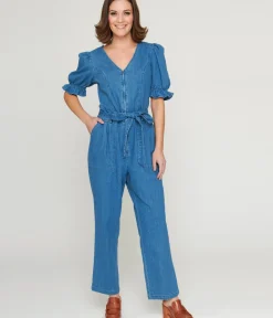 Unique Vintage Rompers & Jumpsuits>1970s Denim Puff Sleeve Jumpsuit