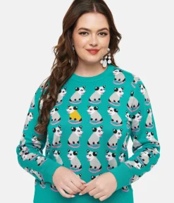 Unique Vintage Sweaters & Cardigans>Sesame the Opossum Teal OPossum Print Knit Sweater