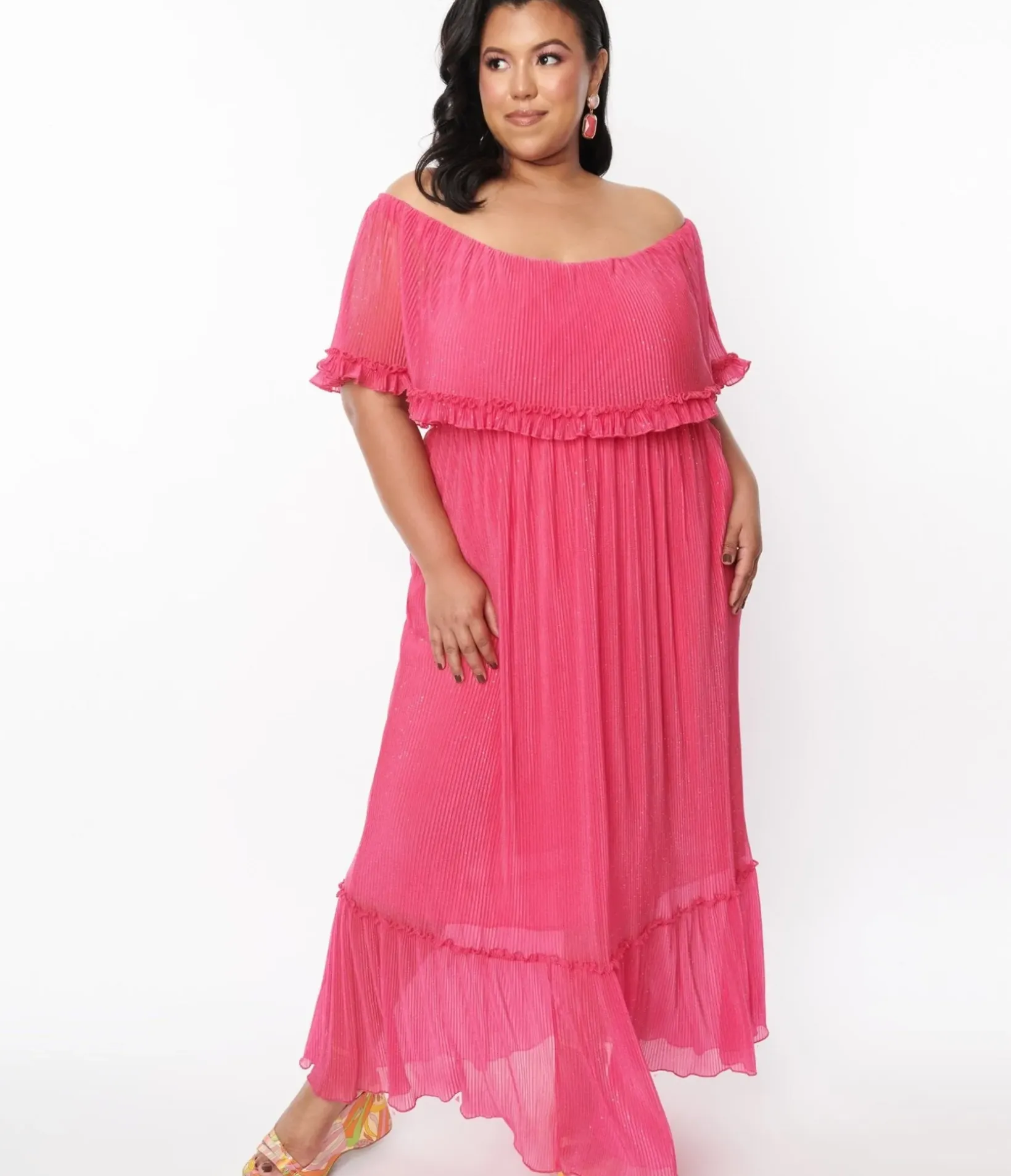 Unique Vintage Maxi|Midi & Maxi>1970s Fuchsia Pleated Chiffon Maxi Dress