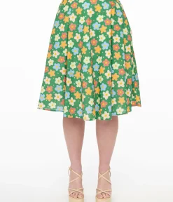 Unique Vintage Skirts>1950s Green Retro Floral Cotton Swing Skirt