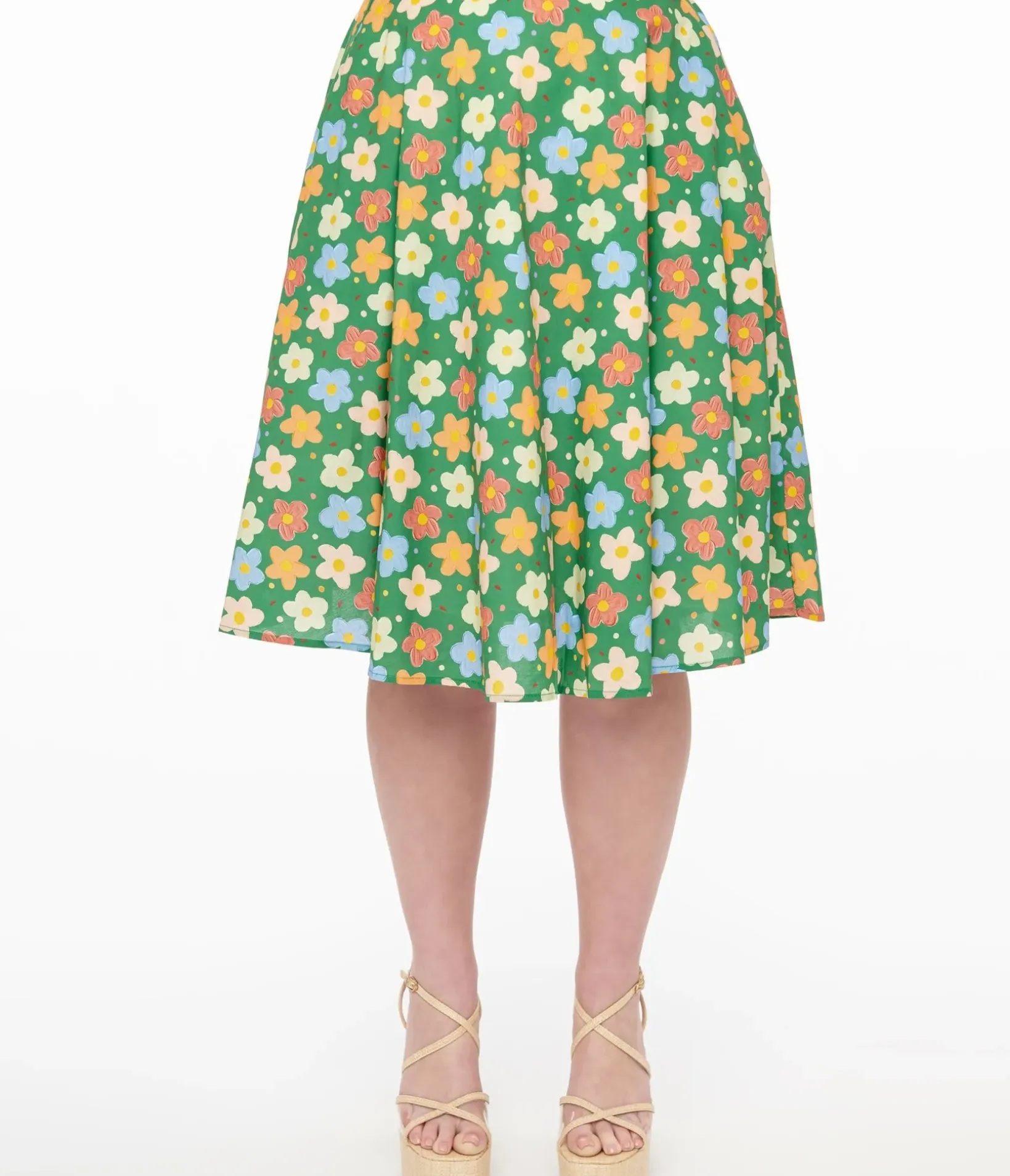 Unique Vintage Skirts>1950s Green Retro Floral Cotton Swing Skirt