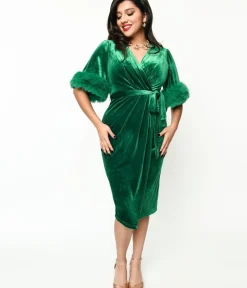 Unique Vintage Pencil|Pencil>1940s Green Velvet Fifth Avenue Wrap Wiggle Dress