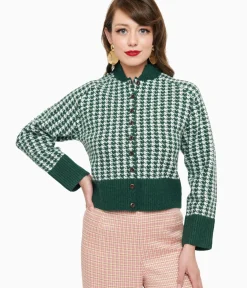 Unique Vintage Sweaters & Cardigans|Work Wear>1950s Green & White Houndstooth Hattie Cardigan