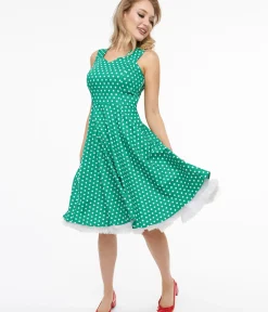 Unique Vintage Swing|Pocket Dresses>1950s Green & White Polka Dot Cotton Swing Dress