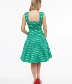 Unique Vintage Swing|Pocket Dresses>1950s Green & White Polka Dot Cotton Swing Dress