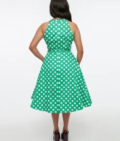 Unique Vintage Swing|Pocket Dresses>1950s Green & White Polka Dot Tie Swing Dress