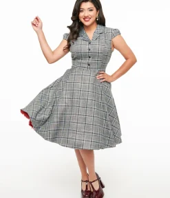 Unique Vintage Swing|Pocket Dresses>1950s Grey & Blue Plaid Swing Dress