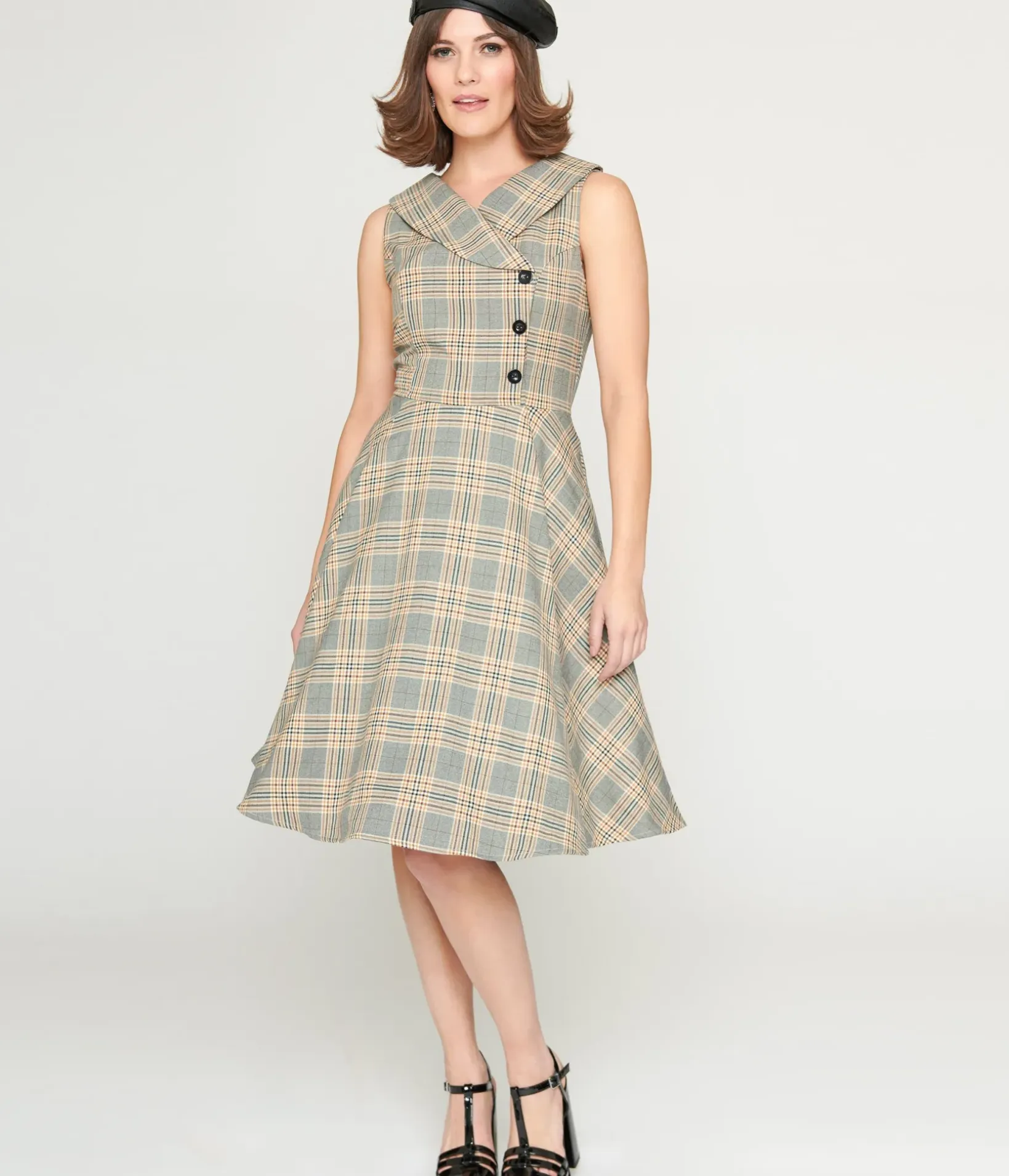 Unique Vintage Swing|Pocket Dresses>1950s Grey Plaid Swing Dress