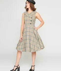 Unique Vintage Swing|Pocket Dresses>1950s Grey Plaid Swing Dress