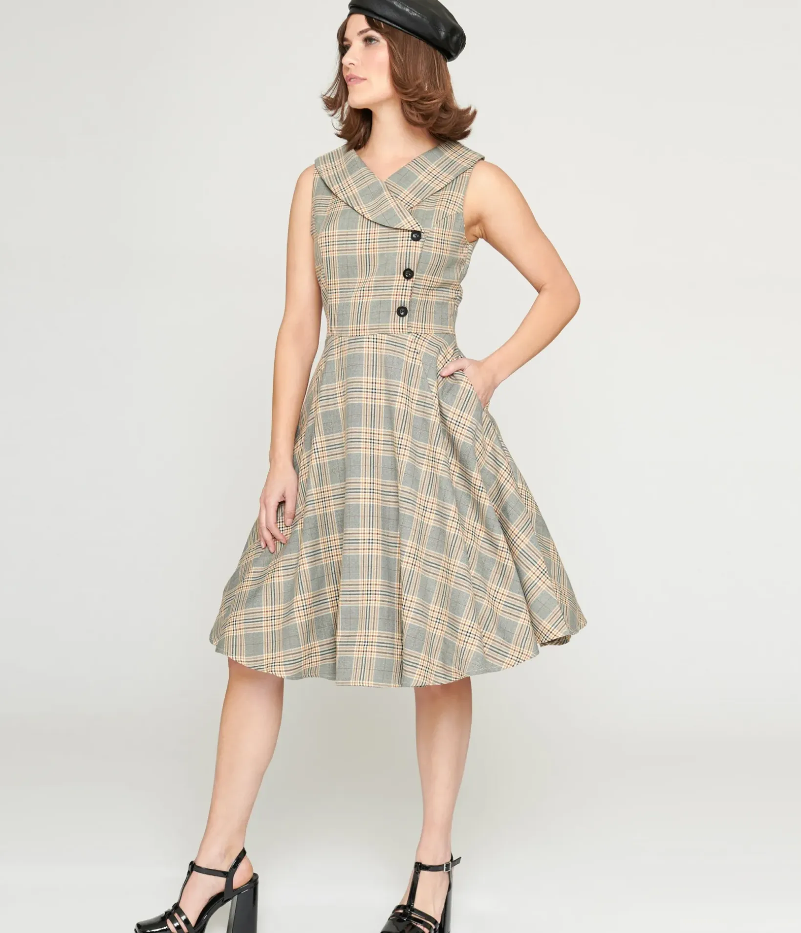 Unique Vintage Swing|Pocket Dresses>1950s Grey Plaid Swing Dress