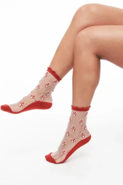 Unique Vintage All Things Red|Stockings & Tights>Sheer Red Mushroom Crew Socks