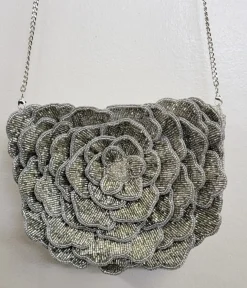 Unique Vintage Novelty Bags>Silver Flower Beaded Crossbody Bag