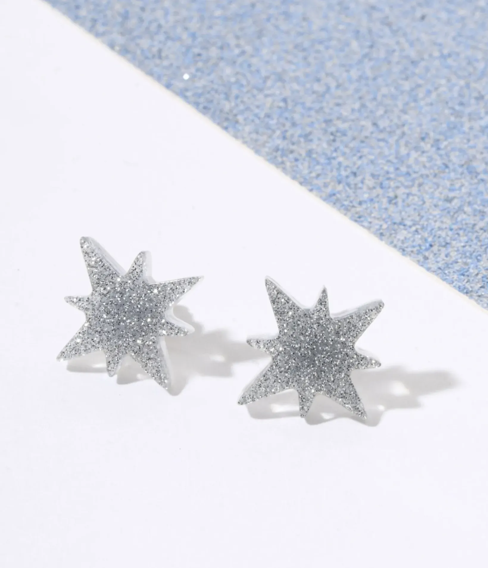 Unique Vintage Earrings>Silver Glitter Atomic Star Stud Earrings